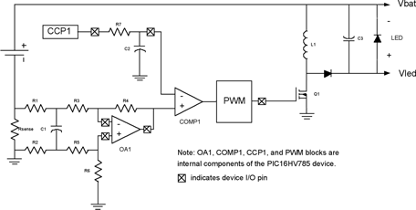 Figure 2. Simplified LED-driver circuit using a PIC16HV785 microcontroller